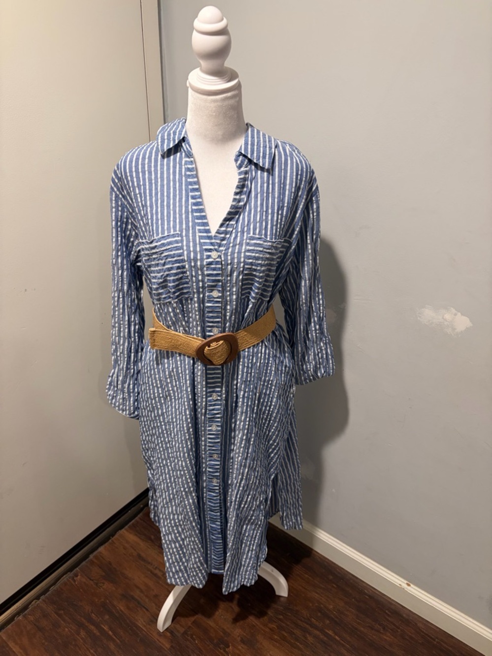 blue island Blue and White Striped Midi Shirt Dress with Tan Belt